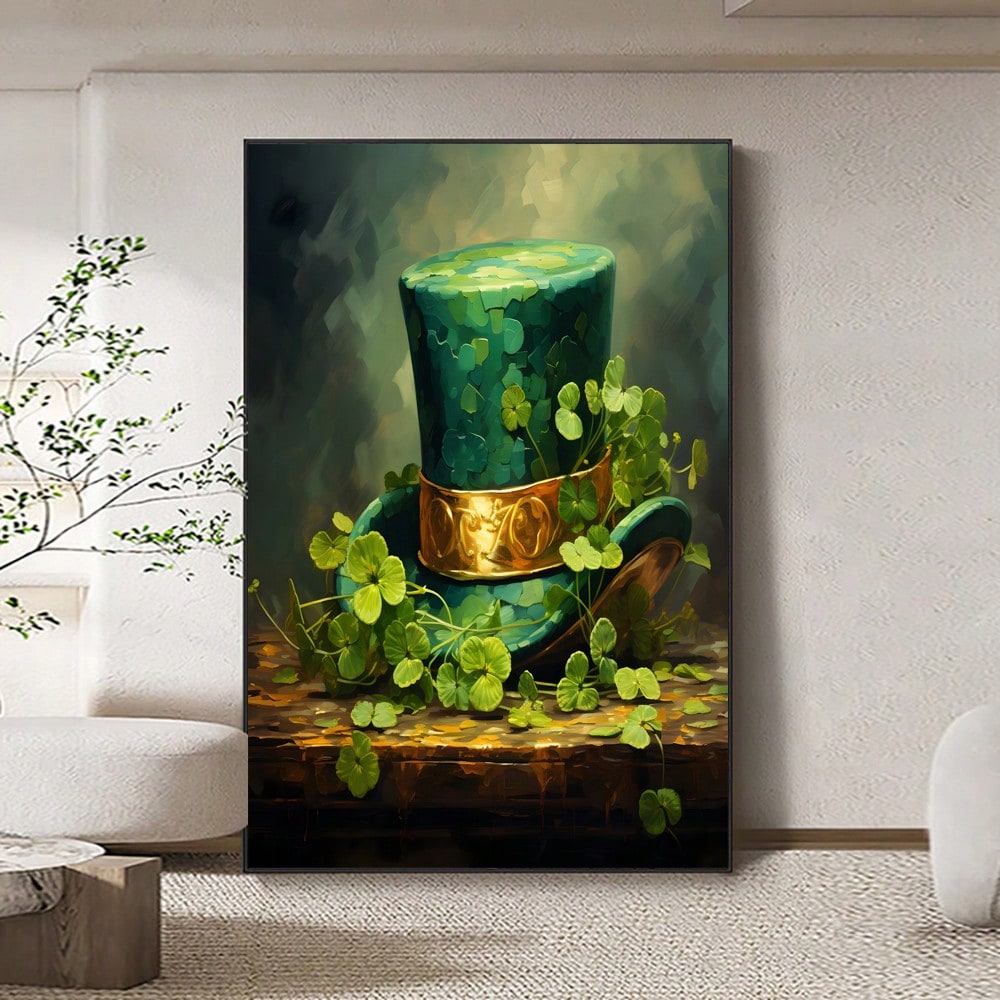 Add some festive charm to your space with this Charming St. Patrick's Day Four-Leaf Clover Hat Canvas Art. The retro design features a bold green color scheme and a fun hat adorned with four-leaf clovers. Perfect for adding a touch of Irish spirit to any room.