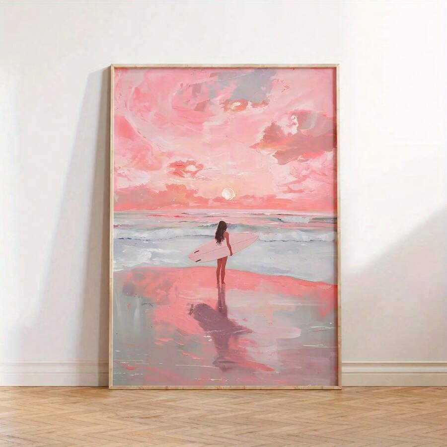 Bring coastal charm to any space with this captivating surfer girl wall art poster. Featuring a modern graphic design in soft pink tones, it's the perfect accent for beach-themed bedrooms, dorm rooms, or any girly sanctuary. Crafted on durable waterproof canvas, this hanging painting resists moisture and fading, making it ideal for bathrooms, kitchens, or covered outdoor areas. The eye-catching figure design celebrates surf culture and seaside vibes while adding personality and warmth to your walls. Transfo