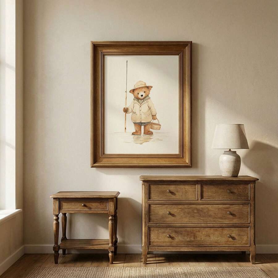 Bring whimsy and warmth to your child's room with this delightful teddy bear fishing canvas wall art. Featuring charming cartoon characters in a playful outdoor scene, this multicolor piece adds personality and imagination to bedrooms, playrooms, or nurseries. Printed on durable, fade-resistant canvas with vibrant colors and sharp details, it's built to last through years of enjoyment. The convenient hanging system makes installation effortless—no nails required. Perfect for boys' rooms, back-to-school spac