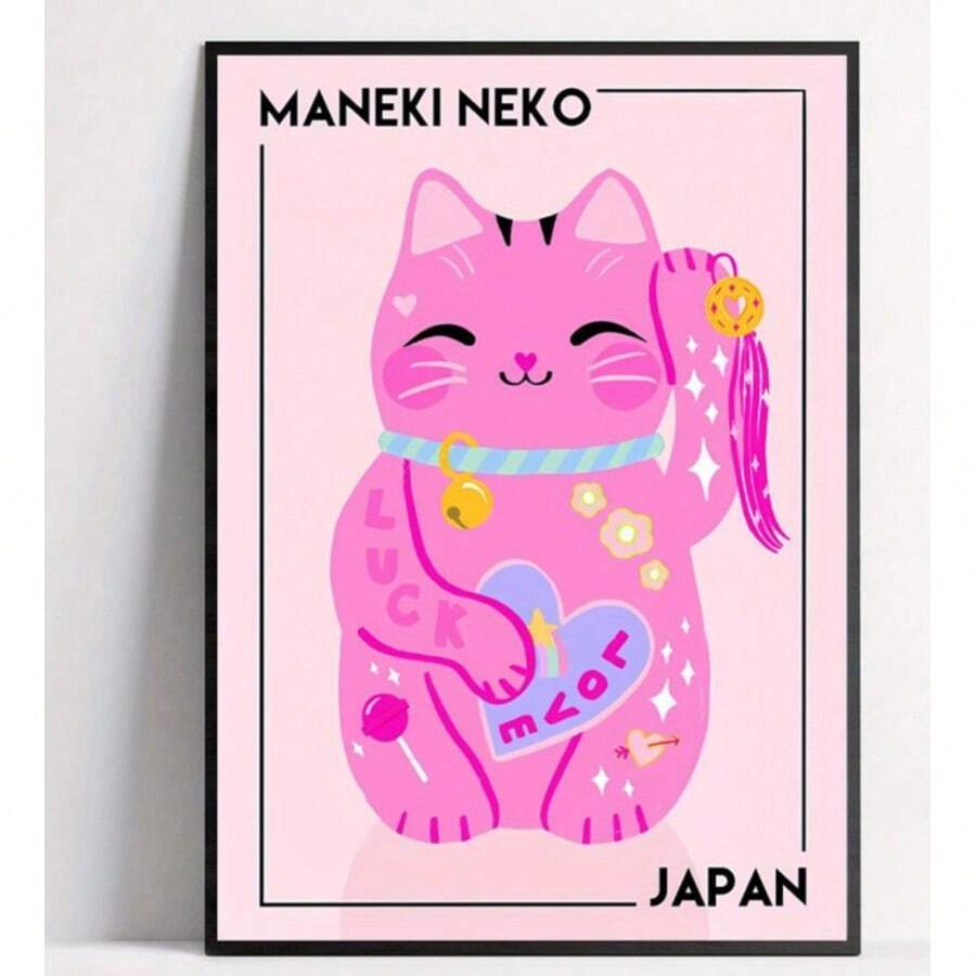 Bring good fortune and charm to your space with this delightful Japanese Lucky Cat canvas poster. Featuring a cute pink design, this unframed canvas art blends traditional symbolism with modern style. Perfect for bedrooms, living rooms, or dining areas, it adds a playful touch to any décor. The waterproof canvas ensures durability and easy maintenance, making it ideal for various room environments. Display it as-is or frame it to match your personal aesthetic. A whimsical accent piece that celebrates cultur