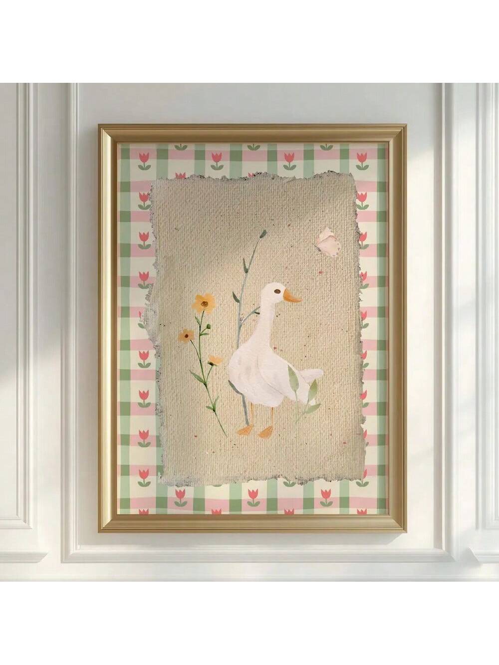 Add a touch of whimsy to your child's room with this charming unframed vintage floral canvas poster featuring a playful silly goose. Perfectly blending cottagecore aesthetics with farm animal art, this piece brings warmth and nostalgia to any space. Its delicate floral details and soft color palette create a soothing environment, ideal for inspiring imagination and comfort. Easy to frame and display, this poster is a delightful addition to kids' decor that combines timeless charm with expert design.