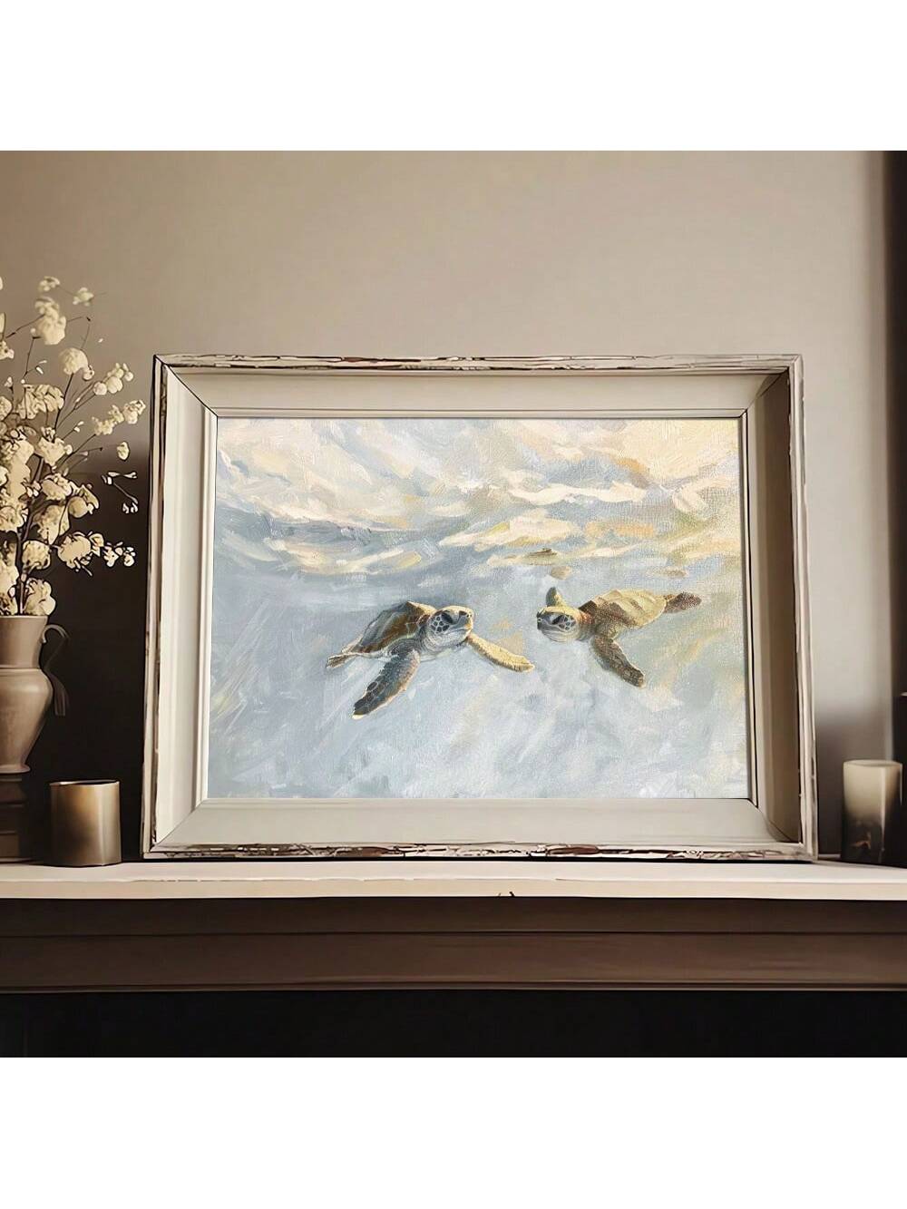 Transform your space with this sophisticated unframed watercolor sea turtle art poster. The delicate brushwork captures the graceful movement of the sea turtle, making it an ideal focal point for coastal-inspired interiors. This art piece adds a refined marine aesthetic to any room while complementing existing décor elements with its subtle color palette and artistic composition.