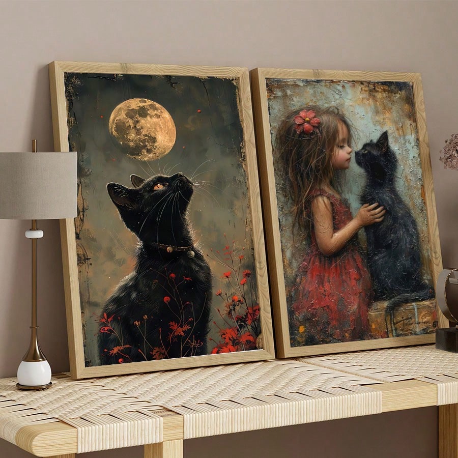 Add a touch of whimsy to your wall decor with our Charming Vintage Black Cat Canvas Prints. Each set features one or two high-quality canvas prints, perfect for adding a playful and vintage element to any room.