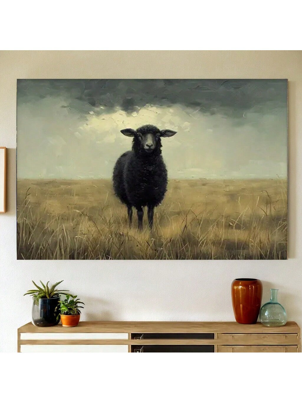 Elevate your living room's aesthetic with our Charming Vintage Black Sheep Canvas Art. The stunning golden frame adds a touch of elegance to this French Country Farmhouse decor. Perfect for any sheep lover or to add a charming touch to your home.
