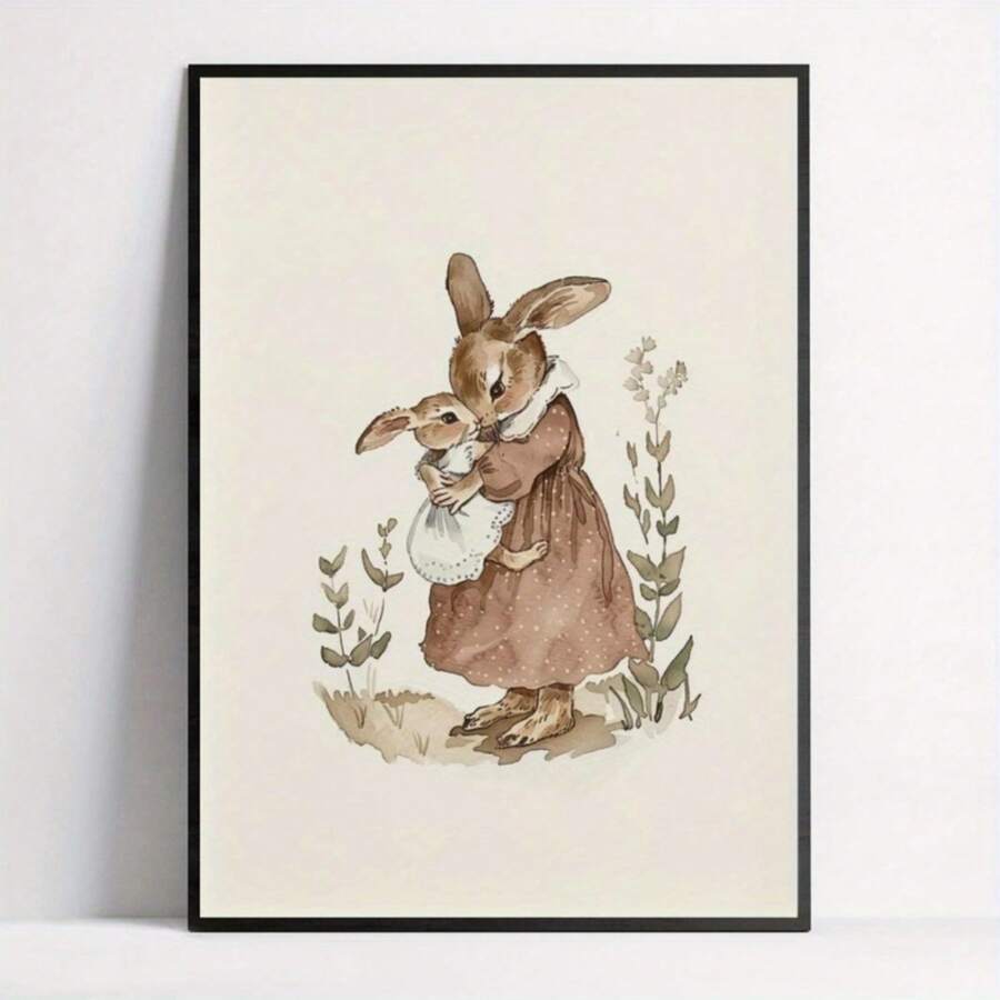 Bring whimsy and warmth to any space with this charming vintage bunny canvas wall art. Perfect for nurseries, living rooms, and offices, this unframed painting features a delightful cartoon-style bunny design that blends animal and botanical elements for a unique aesthetic. Crafted on high-quality canvas with a waterproof finish, this piece is durable and easy to maintain.