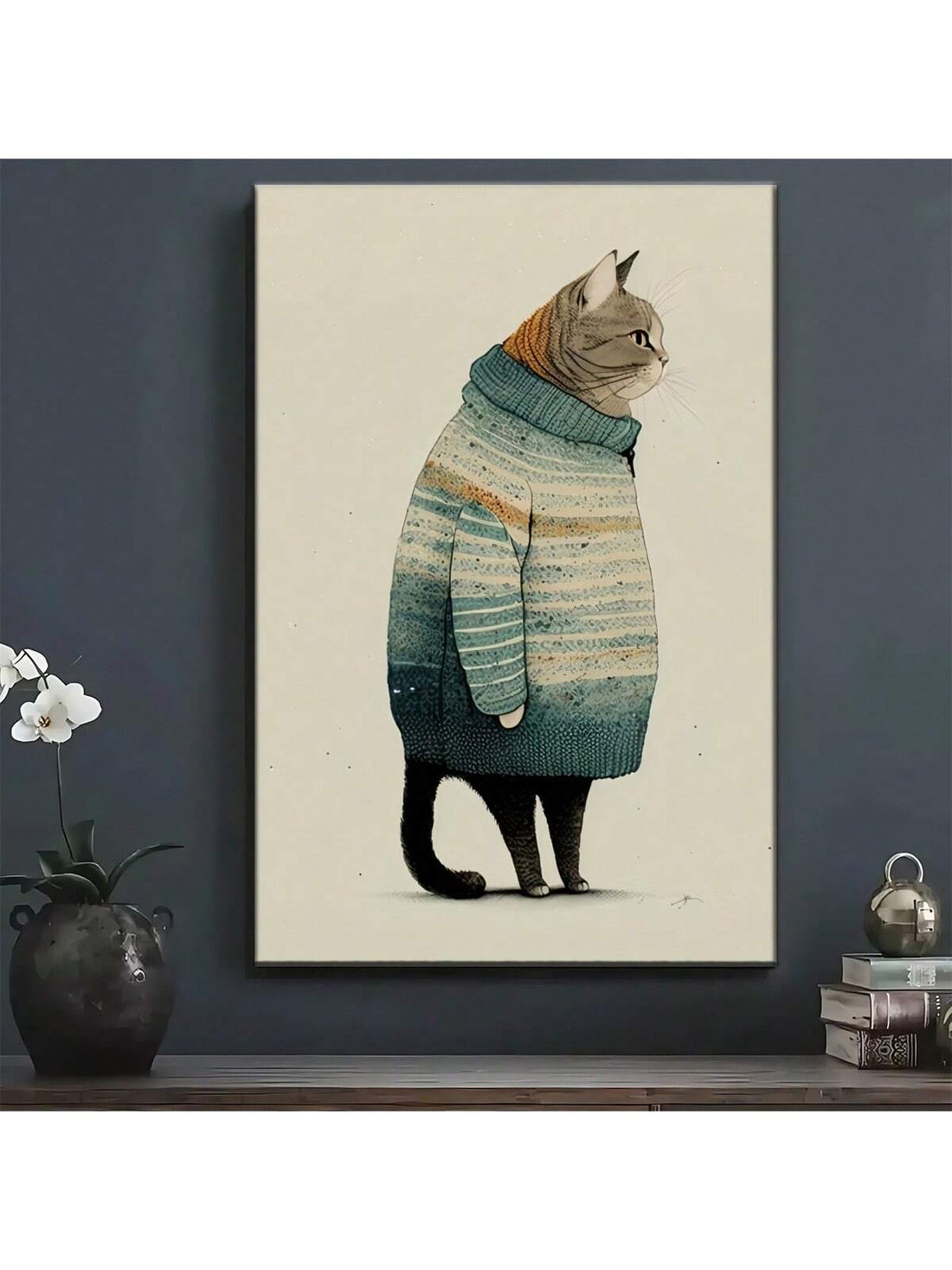 This exquisite oil painting features a charming vintage gray cat dressed in a cozy sweater, capturing a timeless and elegant aesthetic. Ideal for cat enthusiasts and art collectors alike, this piece adds warmth and character to any room. Its classic style and detailed brushwork make it a sophisticated wall decoration that enhances your living space with subtle charm and artistic value.