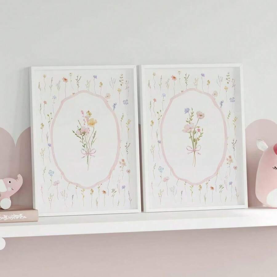 Bring botanical charm to your space with these delightful wildflower pink bow canvas posters. Perfect for boho nurseries and aesthetic home décor, each piece features a harmonious blend of animal, graphic, and plant patterns in a modern style.