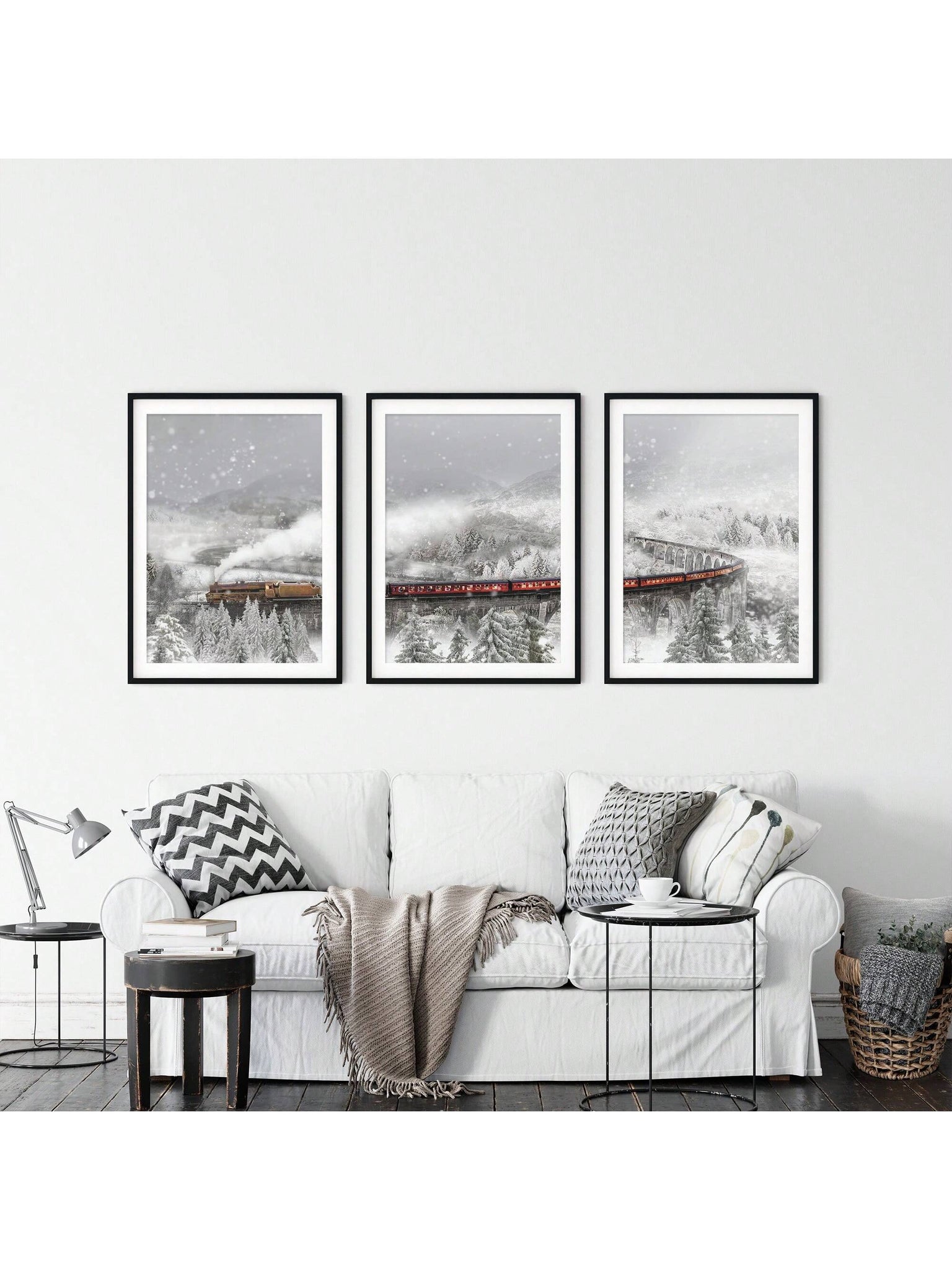 Enhance your holiday decor with this charming winter train canvas art set. Featuring 3 rustic snowscape prints, this unframed canvas poster set captures the magic and charm of the winter season. Bring a touch of nostalgia and warmth to any room with this beautiful and expertly crafted artwork.