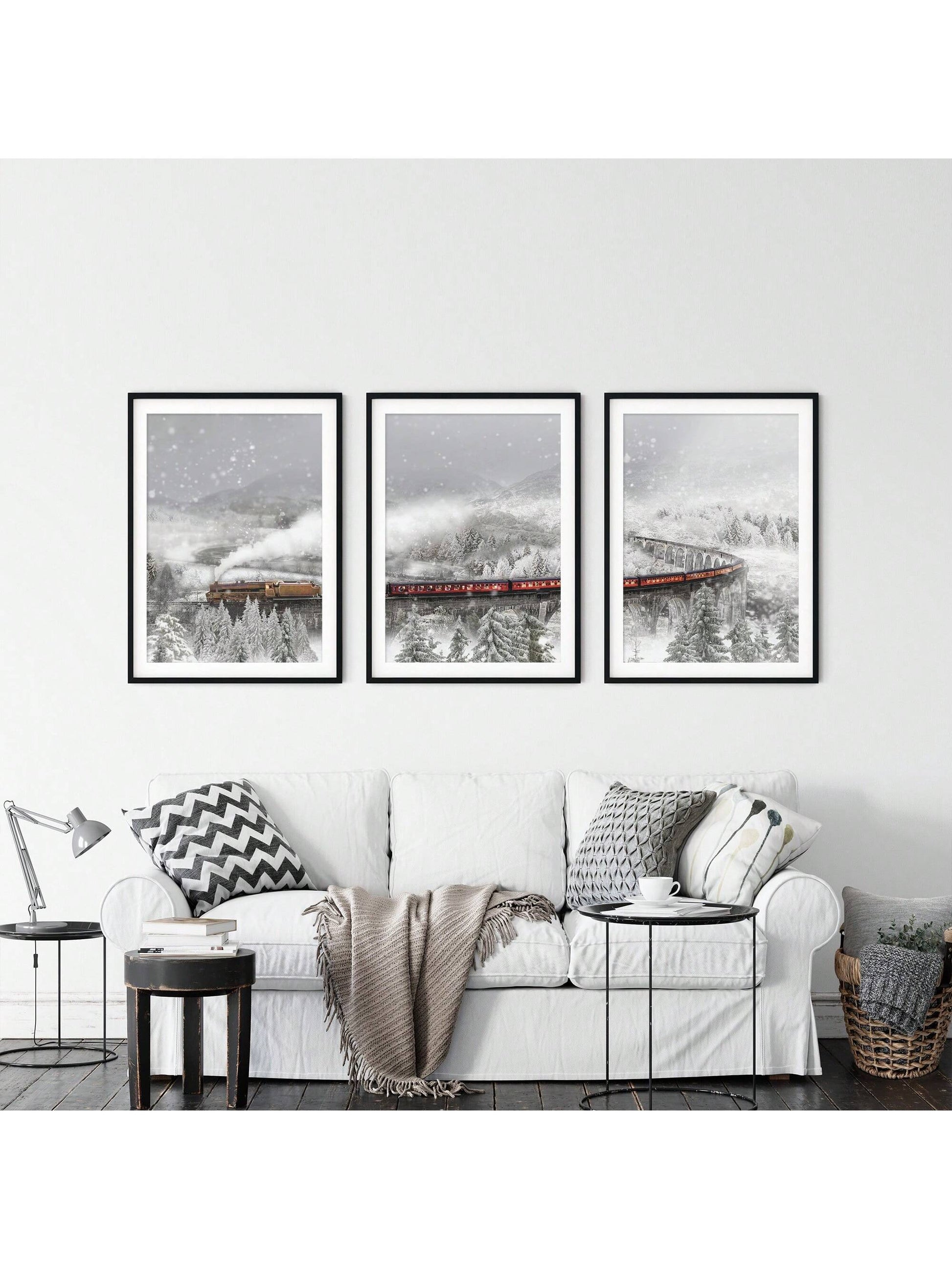 Enhance your holiday decor with this charming winter train canvas art set. Featuring 3 rustic snowscape prints, this unframed canvas poster set captures the magic and charm of the winter season. Bring a touch of nostalgia and warmth to any room with this beautiful and expertly crafted artwork.