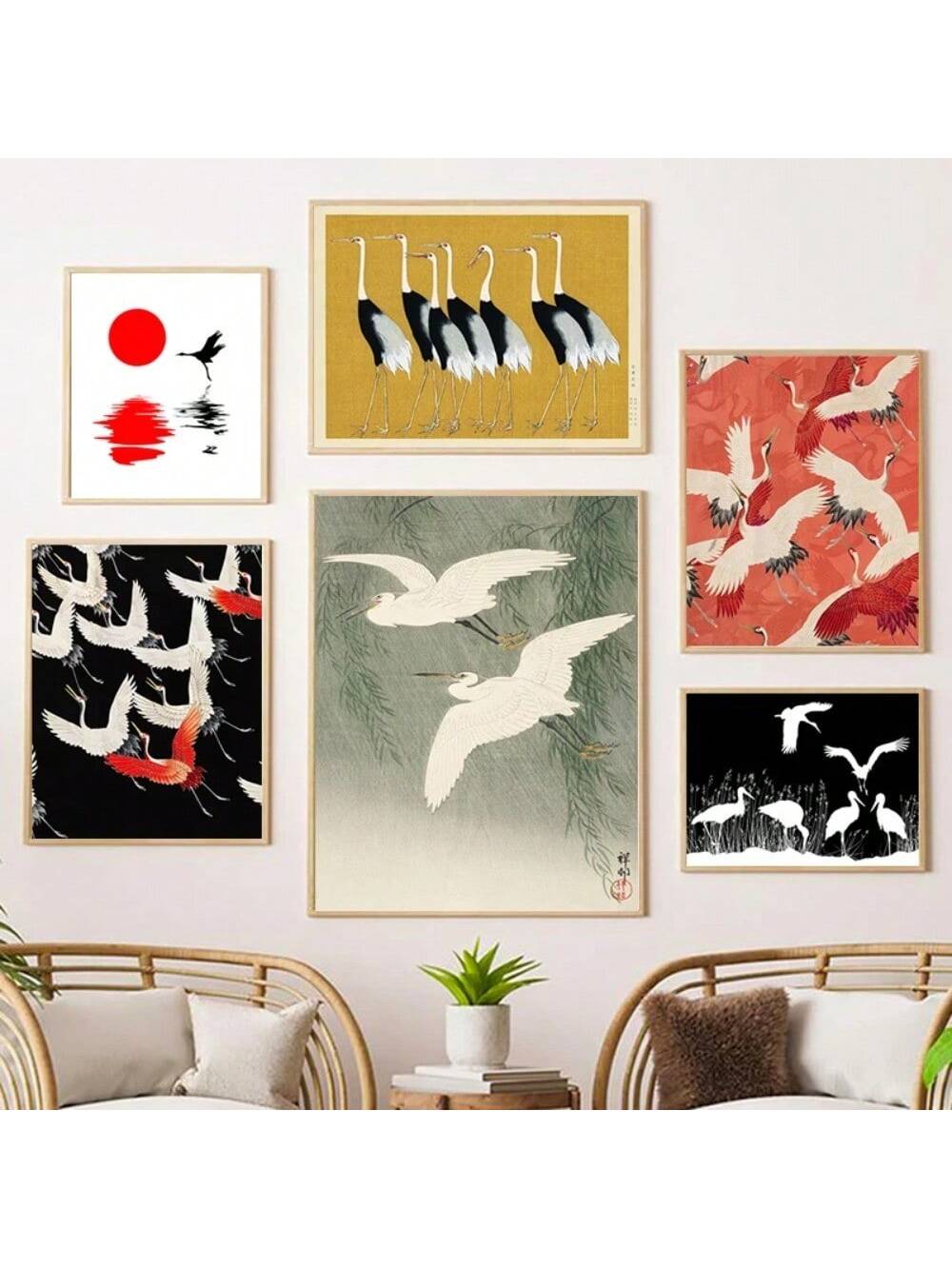 This charming piece of wall art features a vintage Japanese coastal design, depicting beautiful yellow birds and cranes in flight. The vibrant colors and intricate details make it a unique addition to any home decor. Crafted on high-quality canvas, it is a perfect blend of style and durability.