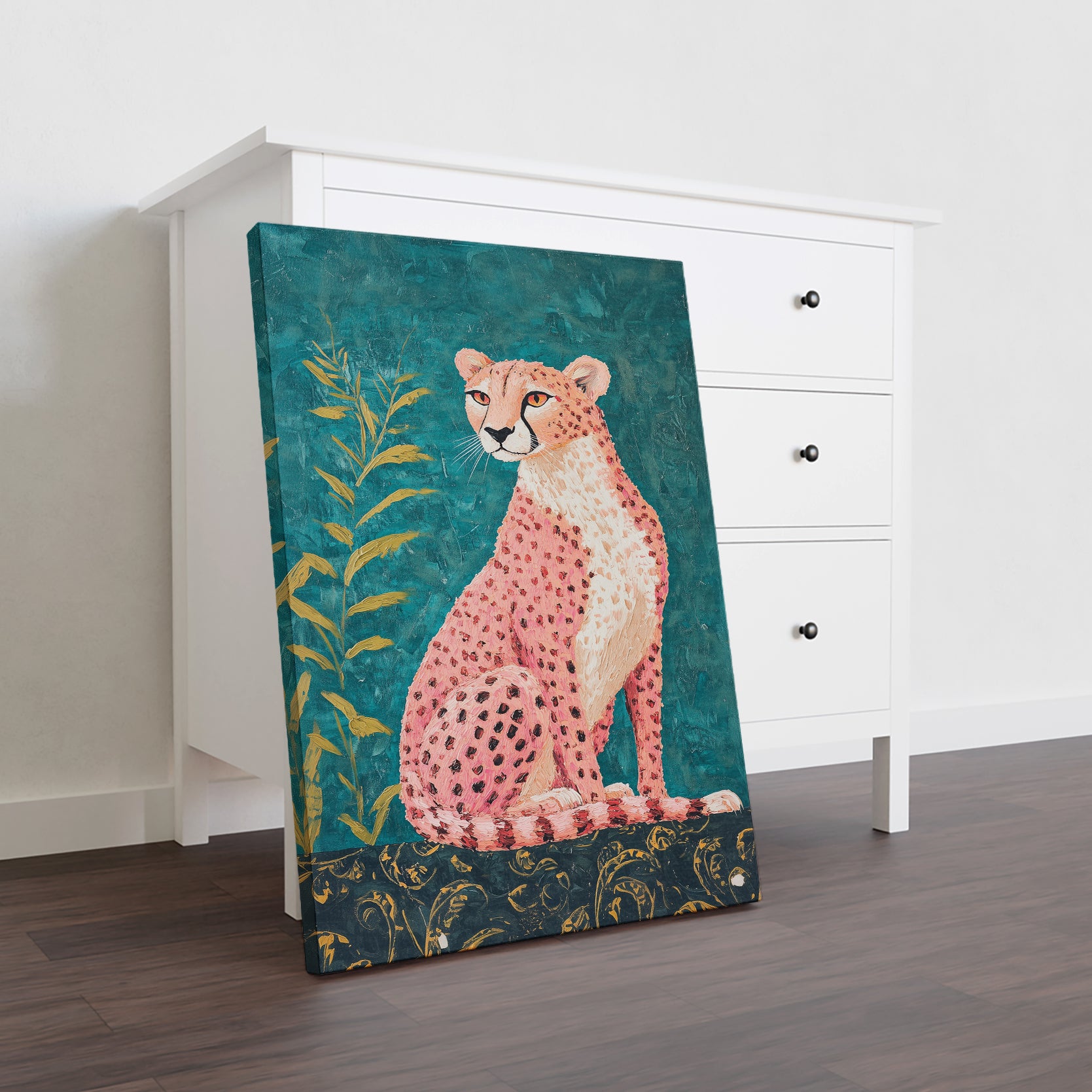 Transform your living space into a lush tropical jungle with our Cheetah Wall Art Canvas Print. Featuring vibrant shades of teal and pink, this piece adds a pop of color and a touch of nature to any room. Perfect for living rooms, sofas, and bedside decor.