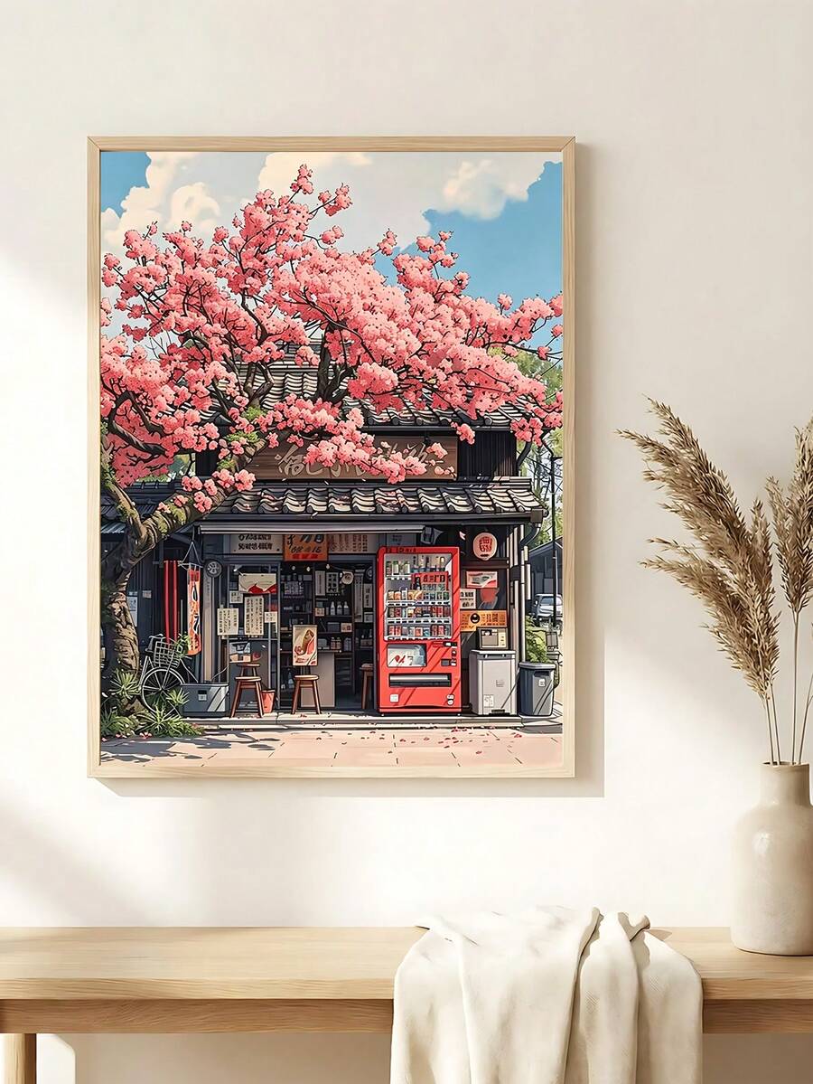 Cherry Blossom Shop & Mount Fuji Modern Honshu Japanese Canvas Poster