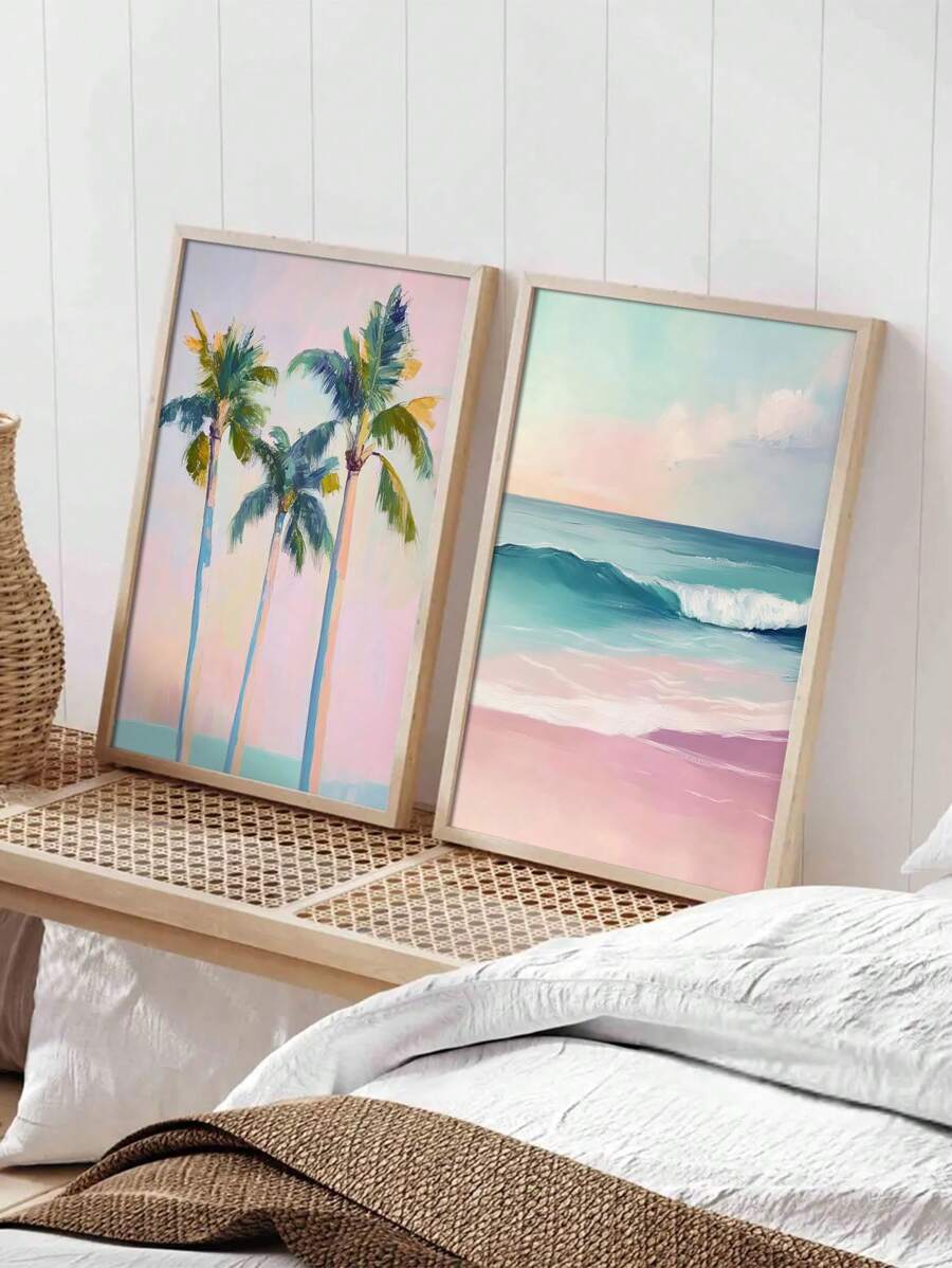 Elevate your beach cottage ambiance with this chic 2-piece pastel coastal wall art set. Featuring delicate tropical palm tree prints, these artworks bring a serene, breezy vibe to any room. The soft pastel tones complement coastal decor effortlessly, creating a tranquil and stylish atmosphere. Perfect for adding a subtle yet sophisticated touch of nature-inspired elegance to your living space.