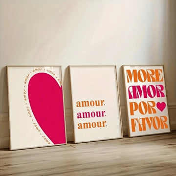 Transform your space with this stunning 3-piece canvas wall art set featuring romantic Spanish typography and boho heart designs. Each piece showcases modern graphic lettering that celebrates love and elegance, perfect for bedrooms, living rooms, or entryways.