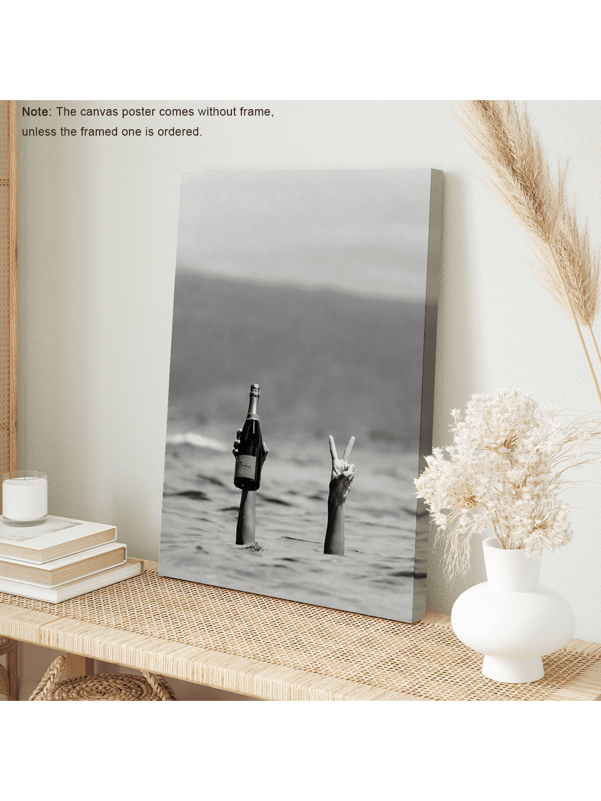 Add a touch of sophistication to your home or office with this Chic Beach Scene Canvas Print. Featuring a stylish woman with champagne, this wall art will elevate any space. Made with high-quality materials and vibrant colors, it is the perfect addition to your decor.