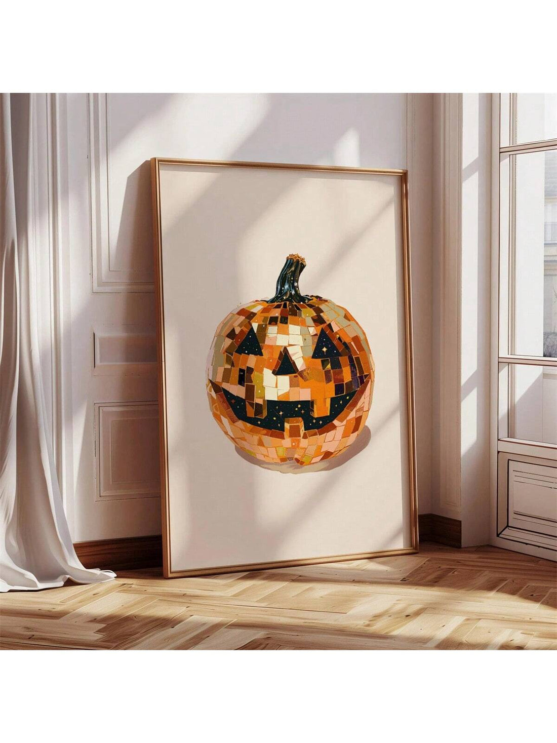 Elevate your seasonal decor with this Chic Beige Disco Pumpkin Wall Art Print. Its subtle beige tones and disco-inspired design blend modern elegance with festive charm, making it an ideal accent for Halloween and fall celebrations. Crafted to complement a variety of interiors, this print adds a sophisticated yet playful touch to your space, enhancing the autumn atmosphere with style and flair.