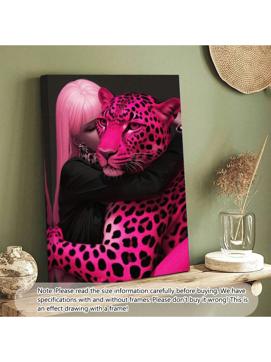 Elevate your space with this chic black-framed canvas art showcasing a striking girl alongside a vibrant pink and purple panther. Expertly crafted, this piece blends bold colors and sleek design, making it an ideal wall decor choice for any room or occasion. Its contemporary style adds a sophisticated touch while capturing attention with its unique artistic expression.