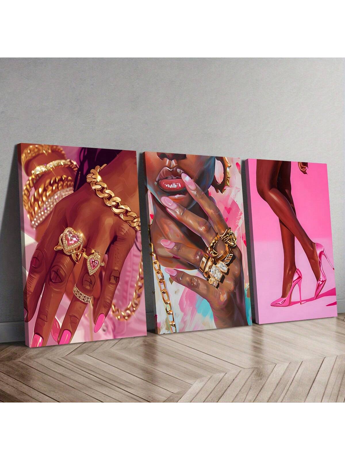 Elevate your living space with this Chic Black and Pink Urban Fashion Wall Art Set, featuring stylish posters of perfume bottles, manicured nails, and high heels. Designed for a modern aesthetic, these prints bring a sophisticated and trendy vibe to any room. Perfect for fashion enthusiasts seeking to enhance their home décor with a touch of elegance and urban flair.