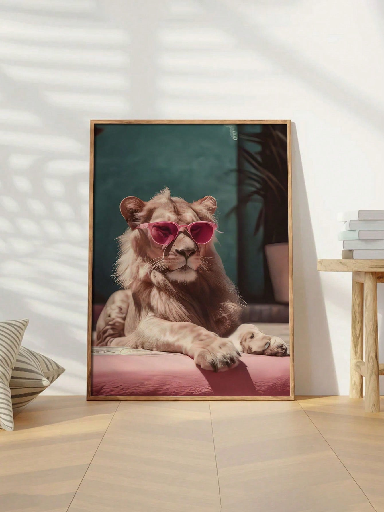 Add a pop of personality to your space with this chic canvas art featuring a cool lion wearing pink sunglasses. Its unique design makes it the perfect wall décor for your home or a thoughtful gift for any occasion. Versatile for any room, it's a great addition to your living room, sofa backdrop, or bedside decoration. Frame not included.