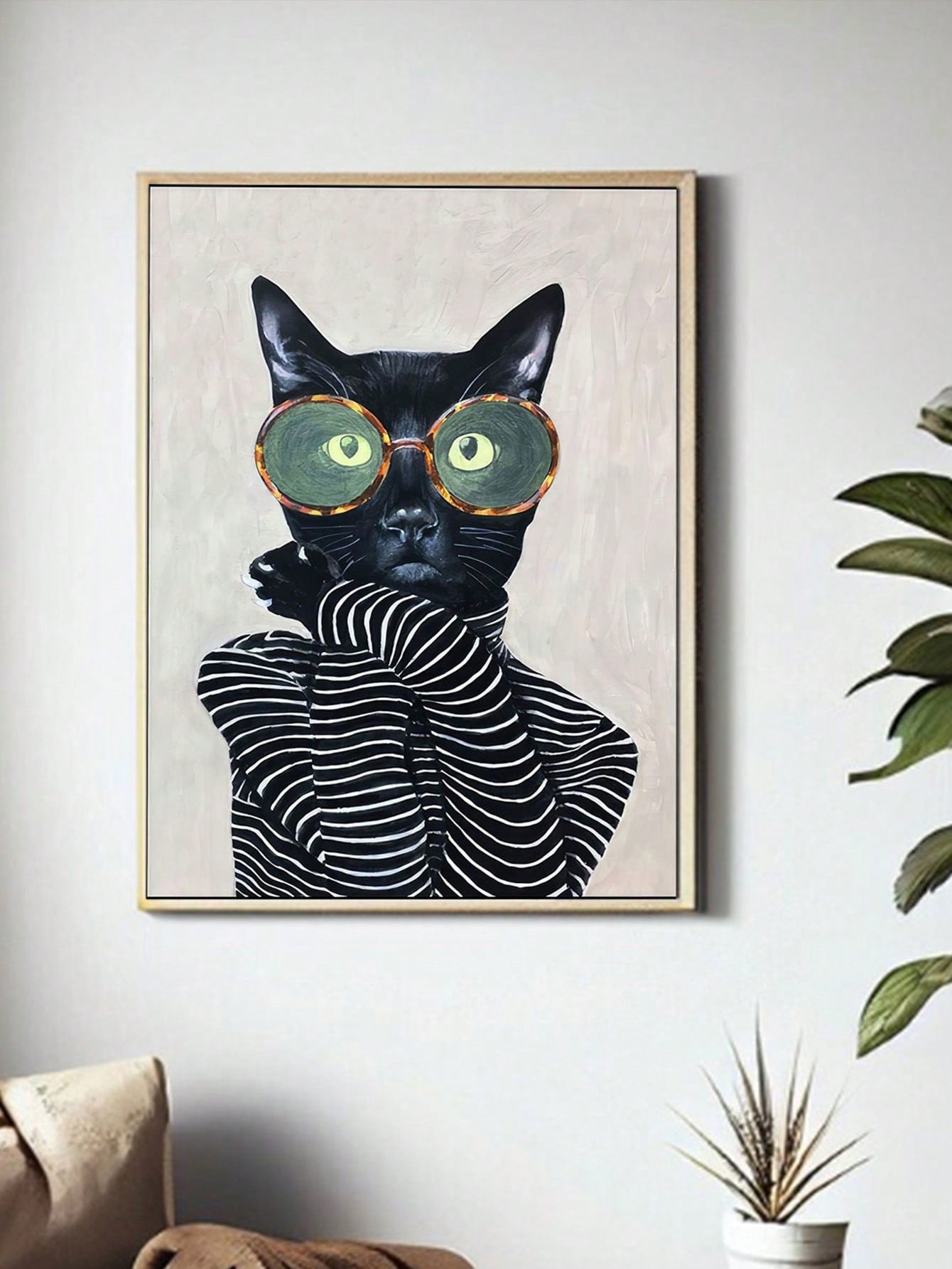 Add some feline flair to your walls with our Chic Cat Canvas Art. This fashionable feline, donning a stylish striped shirt and round glasses, is the ideal addition to any room. Made with high-quality materials, it's the perfect wall decor for cat lovers and fashion enthusiasts alike.
