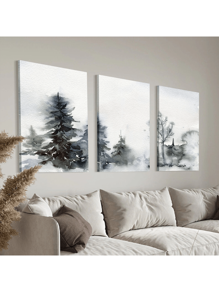This Chic Christmas Canvas Trio adds a touch of minimalistic elegance to any modern home decor. Featuring a serene forest landscape and snowy accents, these canvases are perfect for spreading holiday cheer throughout your space. Elevate your seasonal decor with this stylish and sophisticated art set.