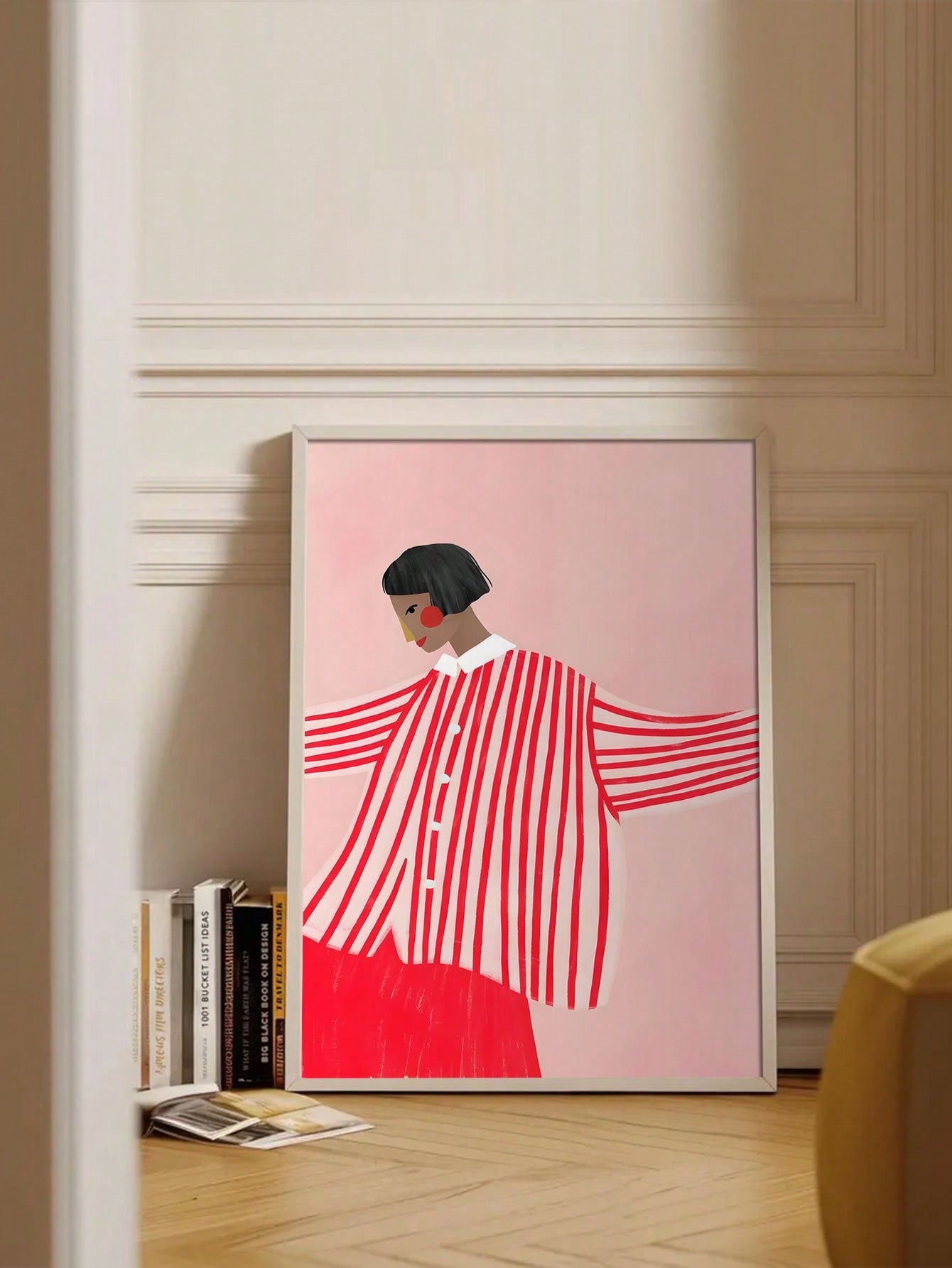 Introduce this chic contemporary art deco poster that features minimalist cartoon striped shirt characters on a high-quality canvas art print. Perfect for any modern or minimalist space, this art piece adds a playful touch while still maintaining a sophisticated aesthetic.