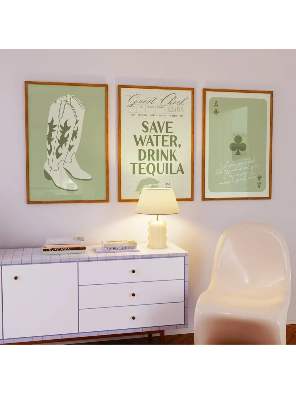 Elevate your living space with our Chic Cowgirl Vibes: 3-Piece Silent Green Western Wall Art Canvas Set. With its frameless design and stylish cowgirl motifs, this set adds a touch of elegance to any room. Enjoy 100% silence and high-quality prints, perfect for creating a relaxed and chic atmosphere.
