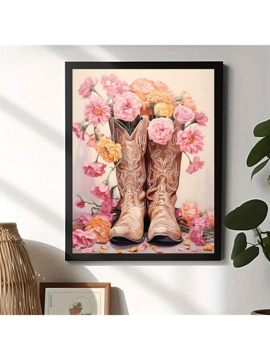 Transform your space with this stunning canvas art print featuring chic floral cowgirl boots in soft boho pink tones. Perfect for modern living rooms and dining areas, this piece blends western charm with contemporary aesthetics.&nbsp;