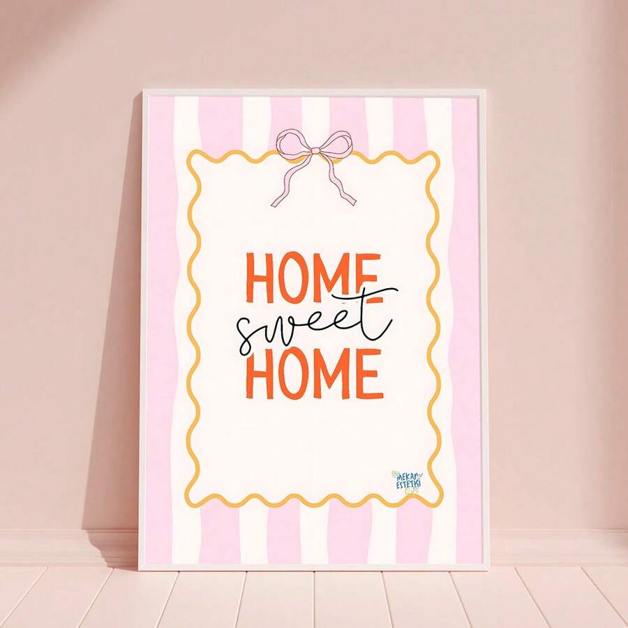 Transform your living space with this charming Home Sweet Home wall art. Featuring a delicate pink striped bow design, this canvas print combines modern aesthetics with cozy warmth. The graphic lettering style adds personality to any room, while the waterproof canvas ensures lasting beauty. Perfect for your dining room, bedroom, or living area, this framed hanging painting brings a touch of elegance and comfort to your home decor.