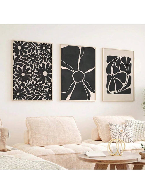 Mid Century botanical trio abstract floral canvas prints for modern home decor