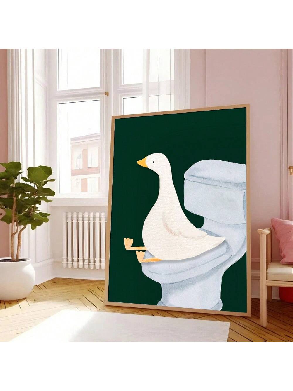 Transform your bathroom into a modern oasis with our Chic Minimalist Green Goose Bathroom Poster. The vibrant green goose design adds a touch of nature while the Y2K Dopamine Decor brings a fun and trendy element. Elevate your space with this chic and stylish addition.