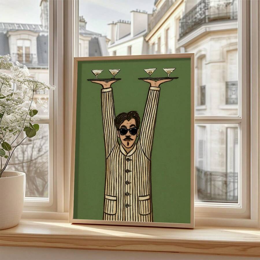 Elevate your space with this striking minimalist waiter wall art print. Featuring a modern figure design in multicolor tones, this unframed canvas piece brings retro bar charm to any kitchen or dining area. Perfect as a humorous gift for bartenders and hospitality enthusiasts, it combines artistic flair with practical appeal. The waterproof canvas ensures durability and longevity, making it ideal for various room settings. Display it solo or pair with complementary decor for a curated gallery wall that cele