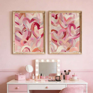 Elevate your space with this stunning chic pink hearts abstract wall art print. Perfect for bedrooms and living rooms, this modern girly decor piece features a beautiful multicolor geometric pattern that brings contemporary style to any room. Crafted on premium canvas, this versatile artwork is available as an unframed painting or framed picture, giving you the flexibility to match your existing décor.&nbsp;