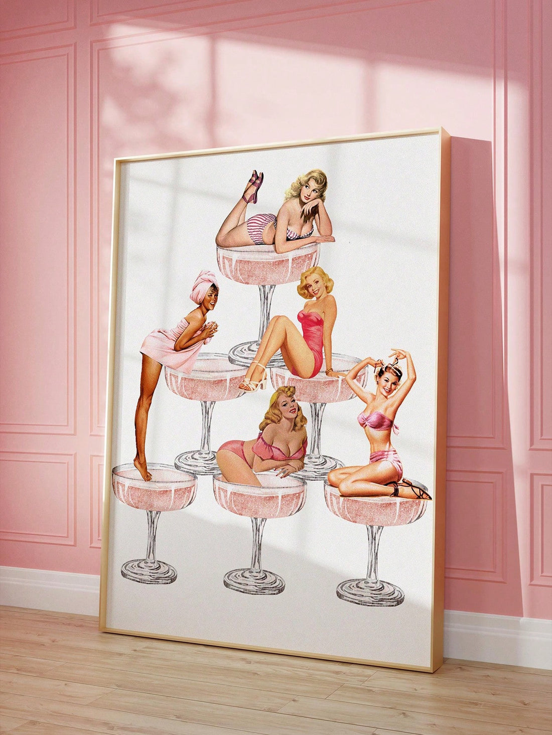 Elevate your decor with this chic pink retro cocktail wall art print. Featuring a vintage champagne bar on a canvas poster, this piece adds a touch of elegance to any room. Perfect for lovers of aesthetics, this print will enhance your space with its classic and sophisticated design.