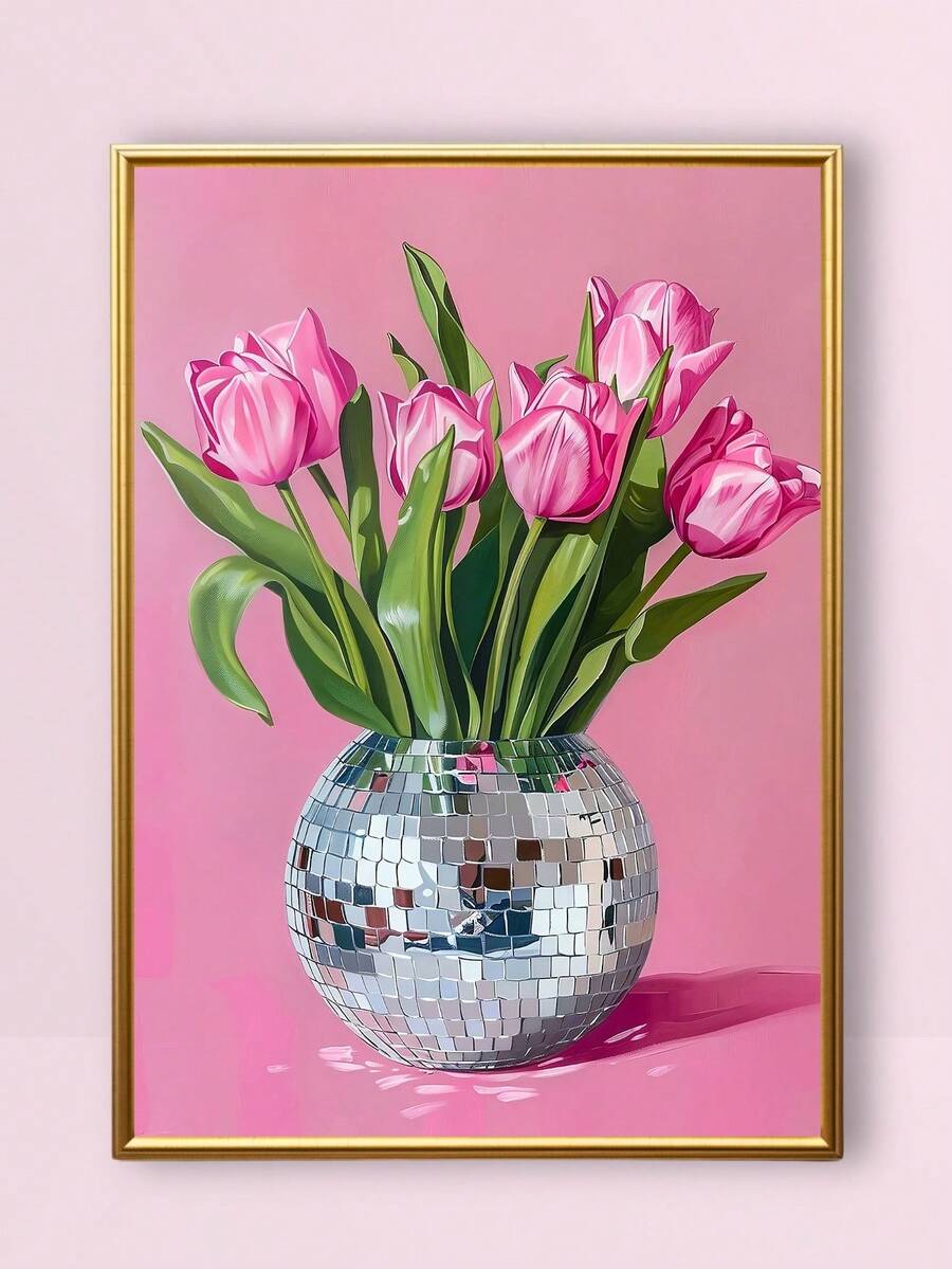 Transform your dining room with this striking canvas wall art featuring a chic pink tulip design paired with a shimmering disco ball motif. The modern geometric and graphic pattern brings contemporary flair to any space. Available in versatile multicolor tones, this piece works beautifully as a framed picture, unframed painting, or scroll painting to suit your décor style. Crafted from durable canvas with waterproof properties, it's built to last while remaining easy to remove and reposition. Perfect for ad