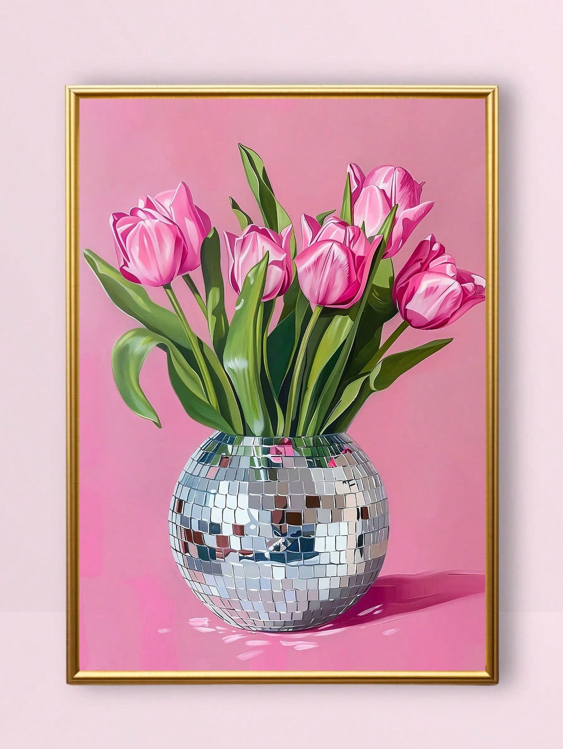 Elevate your space with this sophisticated canvas art featuring vibrant pink tulips arranged in an eye-catching disco ball vase. The piece combines botanical elegance with contemporary glamour, making it an ideal statement piece for fashion-forward interiors. Perfect for bedrooms, dressing rooms, or any area seeking a touch of refined femininity, this artwork brings together classic floral beauty and modern artistic flair. The dynamic composition and rich color palette create visual interest while maintaini