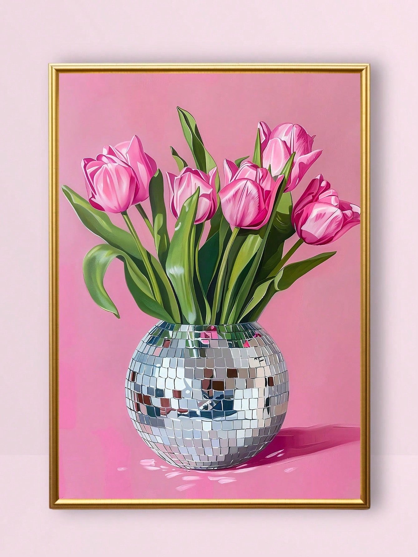 Elevate your space with this sophisticated canvas art featuring vibrant pink tulips arranged in an eye-catching disco ball vase. The piece combines botanical elegance with contemporary glamour, making it an ideal statement piece for fashion-forward interiors. Perfect for bedrooms, dressing rooms, or any area seeking a touch of refined femininity, this artwork brings together classic floral beauty and modern artistic flair. The dynamic composition and rich color palette create visual interest while maintaini