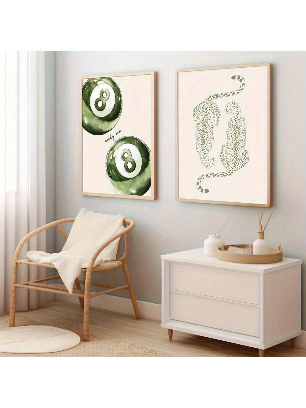 Elevate your space with this chic set of two unframed art posters featuring a green cheetah print and a lucky 8 pool ball design. Perfectly capturing the Y2K aesthetic, these prints add a trendy, playful vibe ideal for girly rooms or stylish corners. Their vibrant colors and bold motifs make them versatile accents that enhance any modern décor with a touch of nostalgic flair.