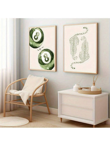 Elevate your space with this chic set of two unframed art posters featuring a green cheetah print and a lucky 8 pool ball design. Perfectly capturing the Y2K aesthetic, these prints add a trendy, playful vibe ideal for girly rooms or stylish corners. Their vibrant colors and bold motifs make them versatile accents that enhance any modern décor with a touch of nostalgic flair.