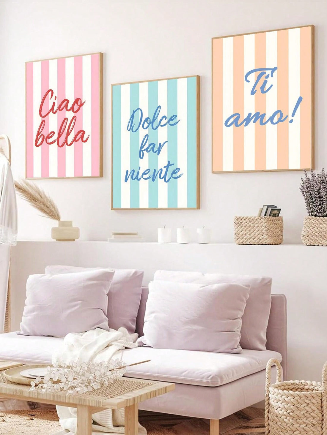 Transform your home decor with our Chic Vintage Ciao Bella Canvas Poster. Featuring a stylish pink and blue vertical stripe design, this wall art adds a touch of elegance to any room. Crafted from high-quality canvas, it's the perfect addition to your chic and stylish home.