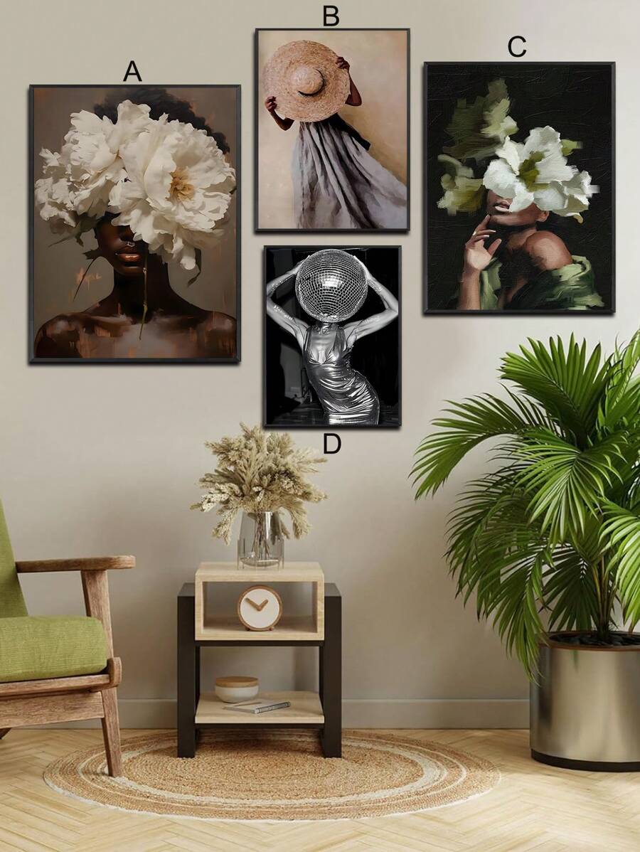Elevate your dining room with this stunning modern oil painting on non-woven fabric canvas. Featuring a chic woman adorned with vibrant floral elements, this multicolor artwork brings contemporary elegance to any space. The waterproof design ensures lasting beauty, while the removable feature allows flexible styling.