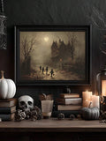 Gothic Halloween Canvas poster showing children walking toward a haunted manor. Perfect for dark academia, vintage, gothic, autumn, and spooky decor.