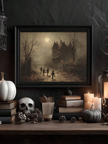 Gothic Halloween Canvas poster showing children walking toward a haunted manor. Perfect for dark academia, vintage, gothic, autumn, and spooky decor.