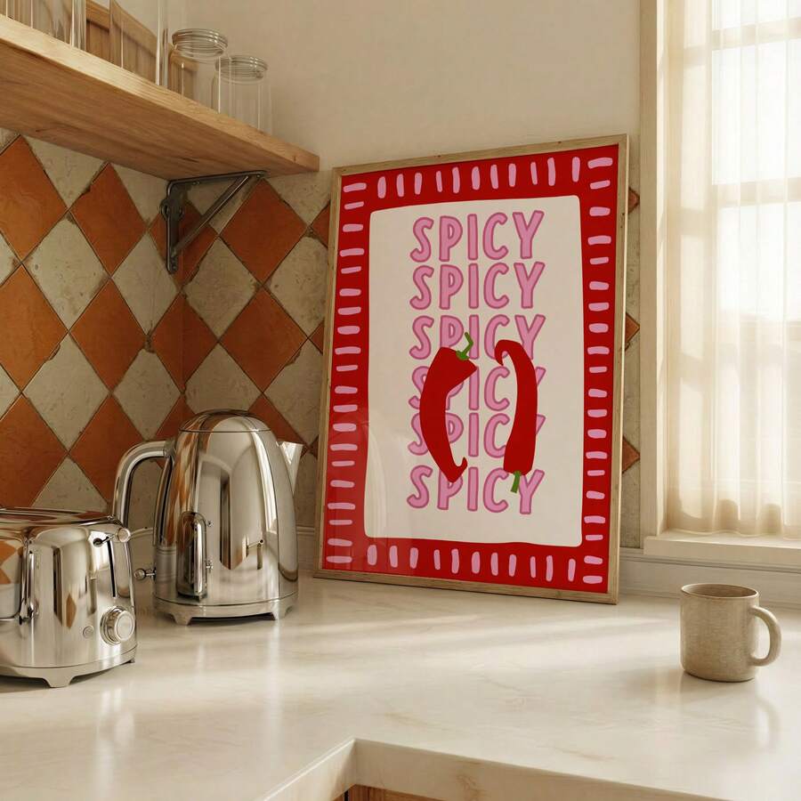 Retro chili pepper canvas poster with pink spicy lettering and a red border in a kitchen