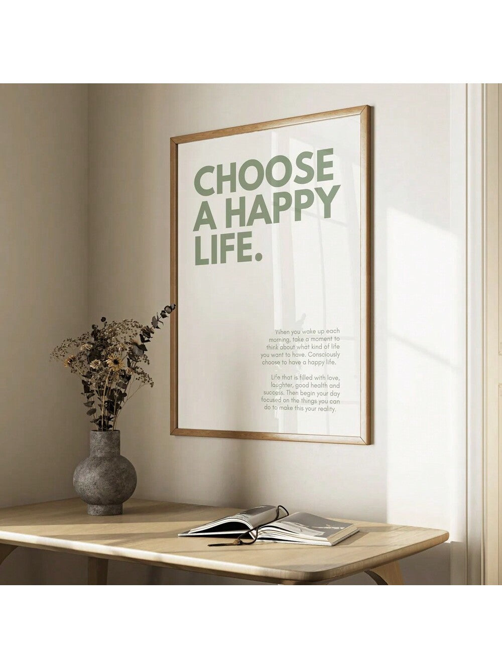 Transform your living space with this elegant "Choose A Happy Life" wall art. The inspirational quote, rendered in soothing green tones, serves as a daily reminder to embrace positivity. Professionally printed on premium canvas, this decorative piece adds both meaningful sentiment and sophisticated style to any room in your home.