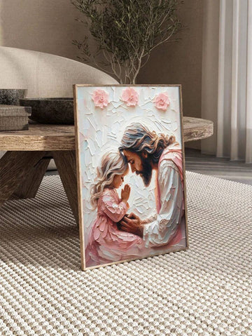 Framed-style Christian wall art print showing Jesus praying with young girl in pink leaning on rug near wood table