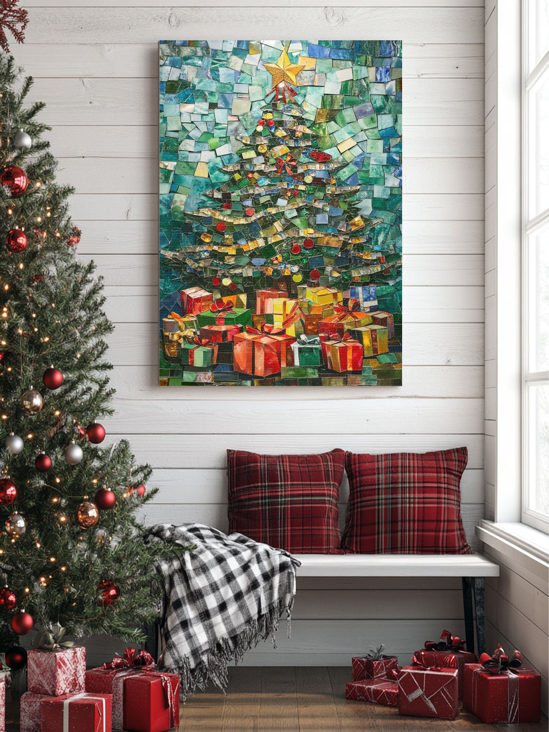 This Christmas, bring an artistic touch to your holiday decor with our Christmas Tree Decorated With Mosaic Poster Arrt. Featuring a unique mosaic poster design, this tree will add a modern and elegant feel to any room. Made with high quality materials, it is sure to last and become a staple in your festive celebrations.