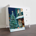 Transform your space into a winter wonderland with this enchanting canvas wall art depicting a cozy Christmas book shop blanketed in fresh snow. The atmospheric night scene captures the warmth and charm of holiday traditions, featuring intricate details that draw the eye and spark imagination.