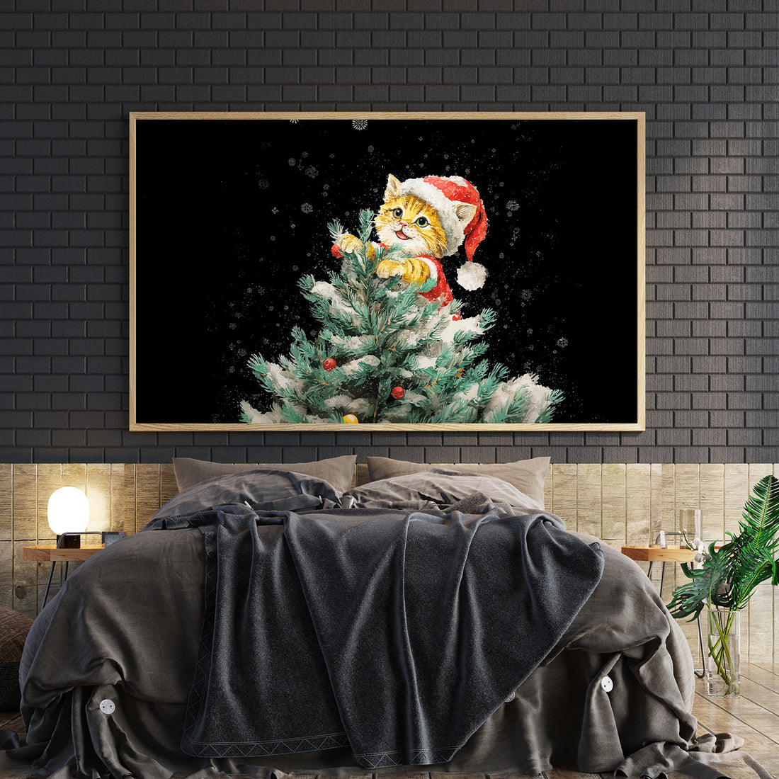 Bring festive charm to any room with this enchanting Christmas canvas wall art. Featuring a serene cat perched on a snow-laden pine tree, this piece captures the magic of winter holidays with artistic elegance.