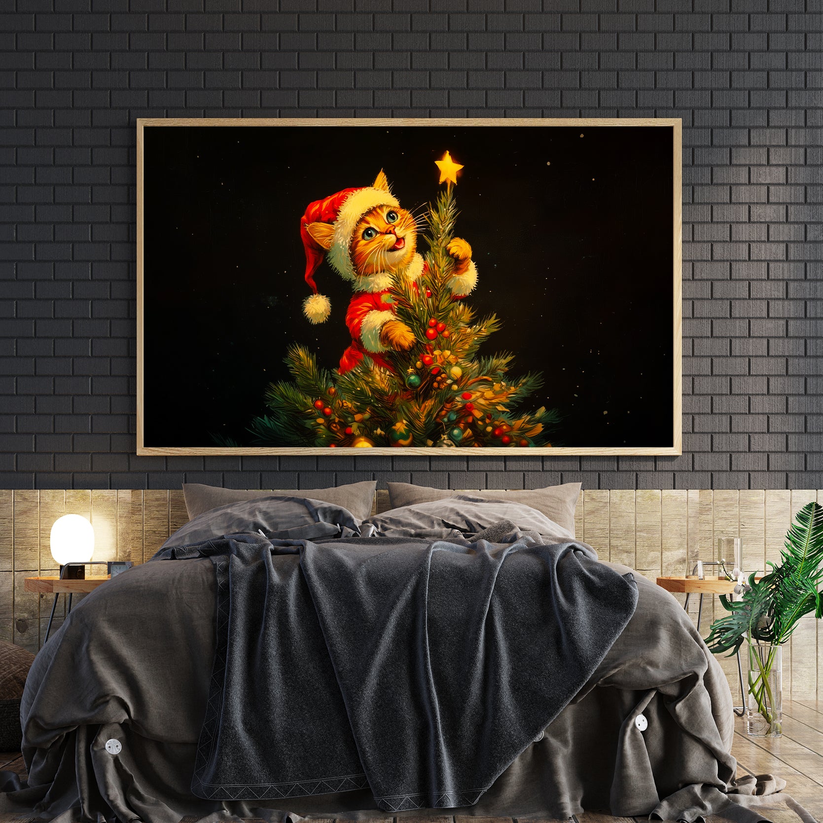 Bring festive charm to any room with this delightful Christmas canvas wall art featuring a playful cat perched among tree branches, surrounded by colorful ornaments and a gleaming star.